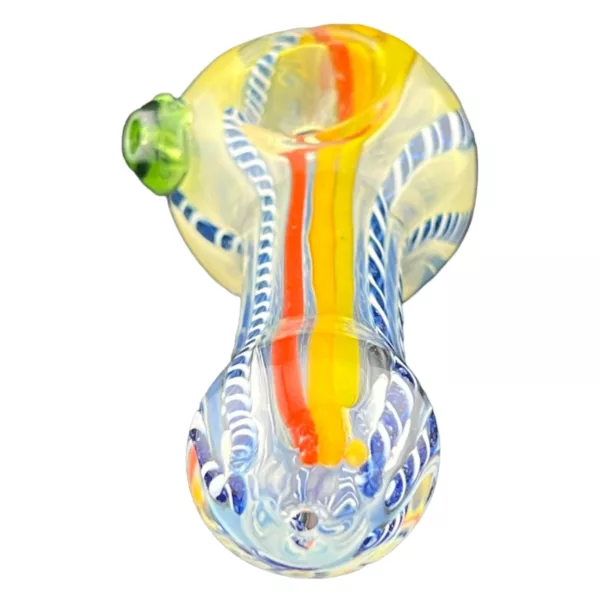 Stripes and Grid Hand Pipe features a clear glass body with a multicolored, swirling design and a small mouthpiece.
