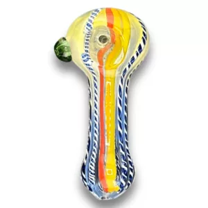 Glass pipe with colorful striped design and small hole at end. Pipe sits on white surface.