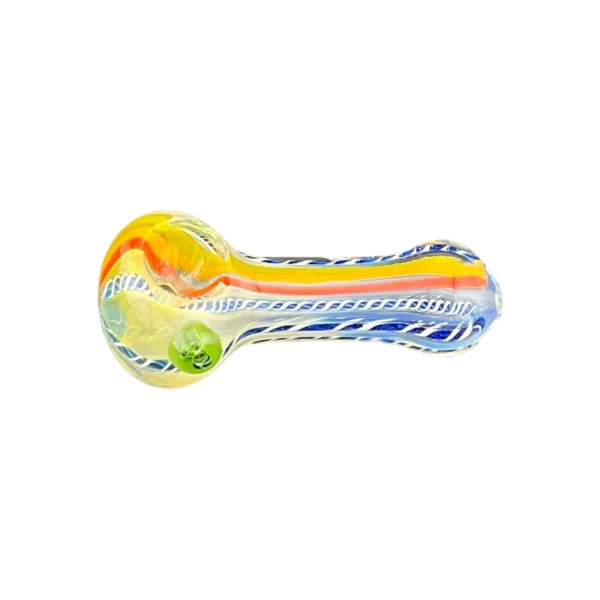Long, curved clear glass pipe with colorful swirling design and small round bowl and stem with knob.