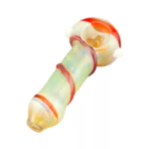 A clear glass pipe with a red, orange, and yellow swirling design on a white background.