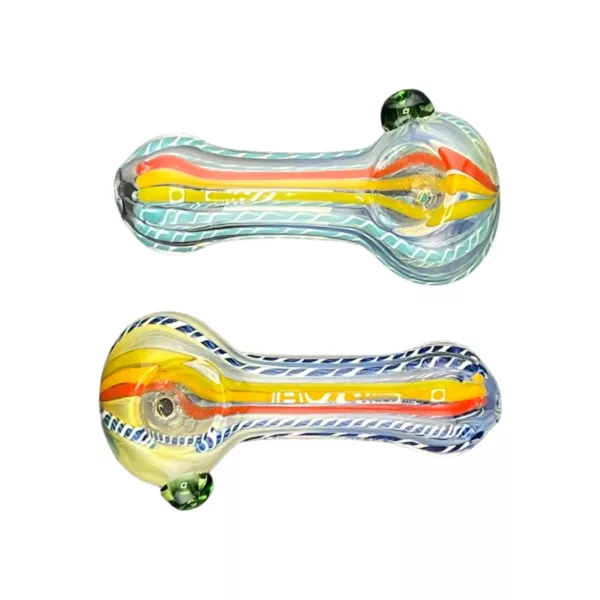 Two glass pipes with colorful striped designs on clear glass. Designed for smoking tobacco or other substances. High quality image shows intricate details.