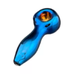 blue glass pipe with a small, circular hole at the end. It is shaped like a curved tube and is transparent. The pipe is sitting on a white background.