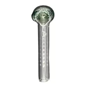 This sleek, modern glass pipe features a long, curved stem and a small, round bowl decorated with colorful speckled patterns.