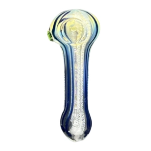 Blue and yellow swirl bird beak glass pipe with round base and long neck.