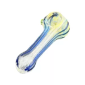 A clear glass pipe with a blue and yellow swirl pattern and a small, round hole at the end.