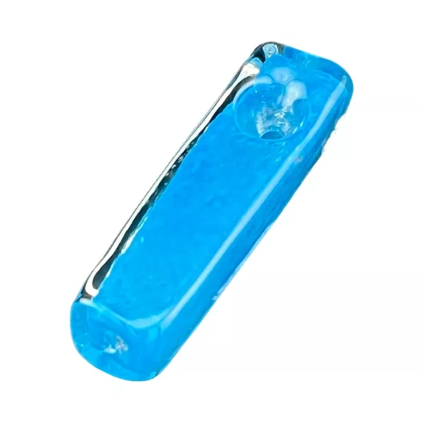Colorful Pickle Hand Pipe has a blue plastic case with a transparent cover and a small hole on top.