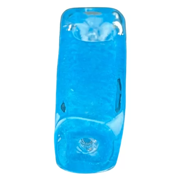 Round blue glass hand pipe with small hole in center and smooth surface. VS25 Colorful Pickle.