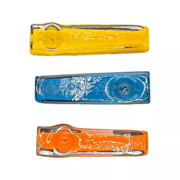 Colorful Pickle Hand Pipe - VS25 with blue, yellow, and orange glasses and a small hole filled with liquid.