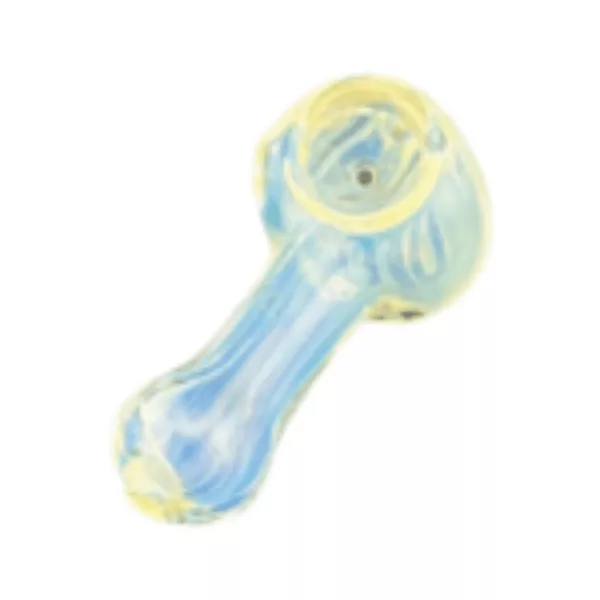 Glass pipe with blue and yellow swirl pattern, small curved shape and round base, sitting on white background.