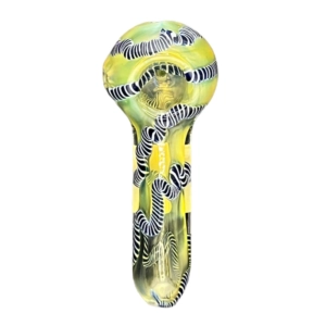 Glass pipe with yellow and black stripes, zigzag mouthpiece, spiral bowl, long curved stem and small round base. Unique and eye-catching design.