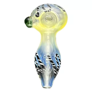 Glass bong with blue and yellow striped design and clear glass base. Curved mouthpiece and bowl, standing on white surface.