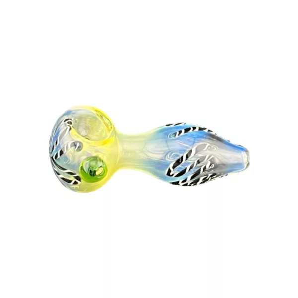 A unique, glass bong with a blue and yellow design featuring interconnected circles and lines. Perfect for smoking enthusiasts.