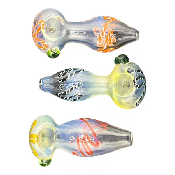Set of three unique glass pipes with vibrant designs. Perfect for smoking tobacco or other substances. #VS53