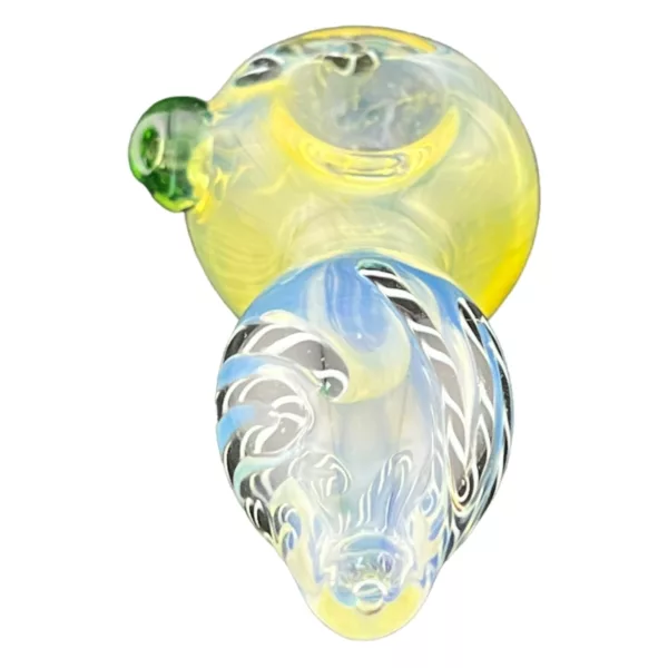 Blue and yellow glass pipe with swirling pattern and small white bird design. Round bowl and tapered stem with intricate blue and yellow decorations.