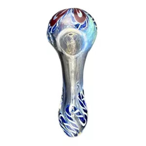 Glass pipe with blue and red swirling design, small and large bowls, sits on white surface.