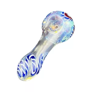 Glass pipe with blue & white swirl design, red heart, small opening & large bowl with raised area near rim.