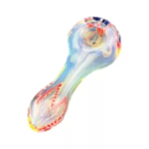 Multicolored, psychedelic glass pipe with small bowl and long stem. Swirling patterns create unique, abstract design.