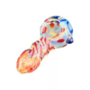 A colorful, abstractly designed glass smoking pipe with a silver base and stem.