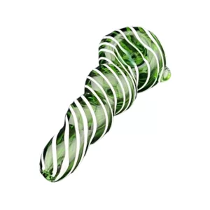 Green and white striped glass pipe with small white bowl, curved shape and clear glass. Sitting on white background.
