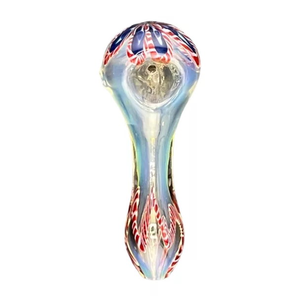 Kateya Flower HP-GLHP29 Glass Pipe: Long, curved clear glass pipe with red, white, and blue interconnected circle and line design, small round bowl and stem with knob.