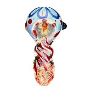 Abstract red and blue glass water pipe with wavy blue and red spiral design, suitable for vaporizing herbs.