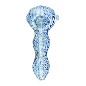 10 clear glass pipe with a blue and white swirl design and a smooth, flute-shaped bowl. No mouthpiece or chambers.