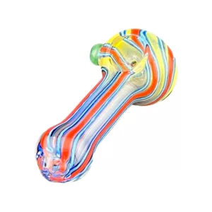 glass pipe with a colorful, swirled design and a clear, cylindrical shape. It has a small mouthpiece and a long, curved stem with a small, circular knob at the end.