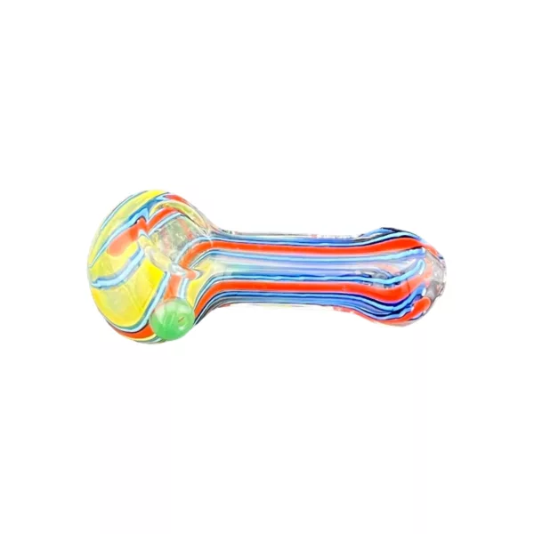 Long, curved glass pipe with red, blue, and yellow design. Small round base and elongated mouthpiece. White background.
