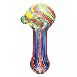 Modern, sleek glass pipe with colorful swirls and patterns in red, blue, and yellow.