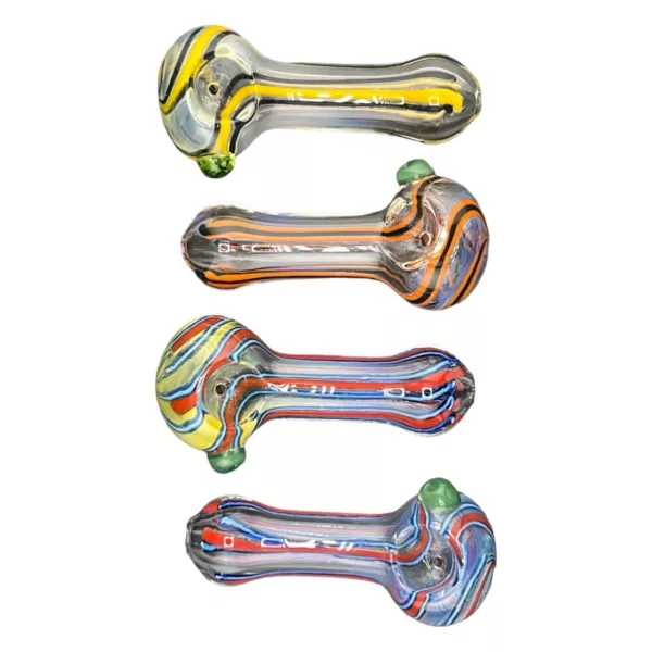Set of four colorful glass pipes with swirled designs. Made of clear glass, modern and stylish design. Arranged in a row with each one slightly different.