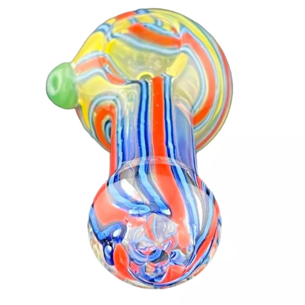 The image shows a round glass pipe with a colorful swirl design in red, blue, and green, sitting on a white background.