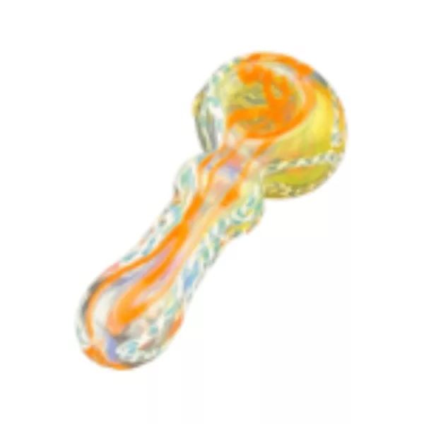 Unique glass pipe with orange and blue swirl design, small bowl and long stem with clear glass and small knob.