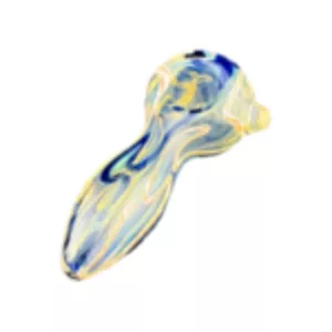 Elegant and modern glass pipe with blue and yellow swirl pattern. Small bowl and long stem with clear glass and small knob. GLHP86.