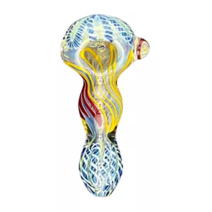 Hand-held blue, yellow, and red glass pipe with abstract patterns on the surface.