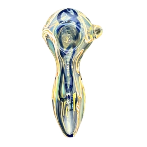 Clear, curved glass pipe with spiral pattern inside.