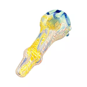 Swirled blue, yellow, and white glass pipe with colorful embedded pieces in a spiral design.