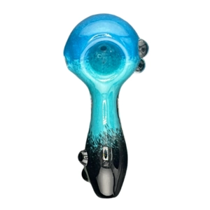 Blue and black glass pipe with transparent base, curved neck, small bowl and stem. White background.