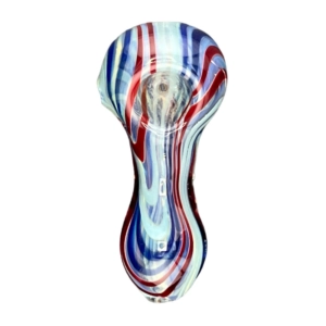 Stylish glass pipe with intricate red, white, and blue swirl design. Modern and eye-catching, perfect for smoking.