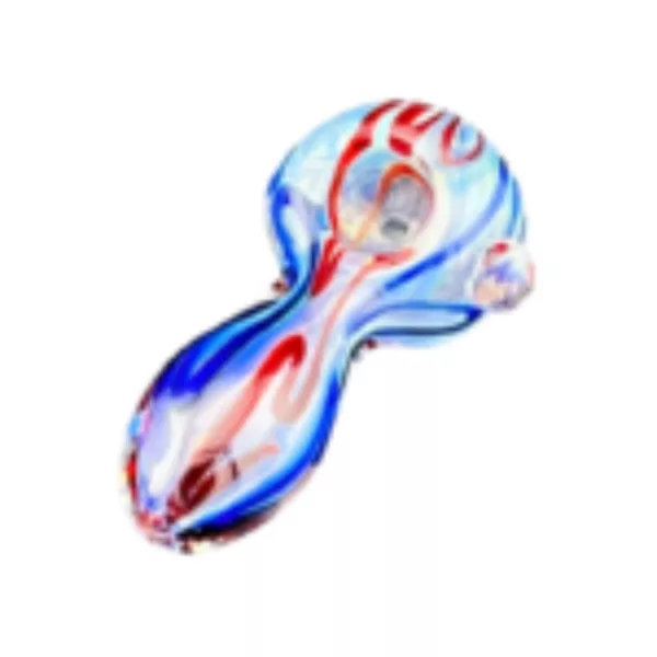 Small glass pipe with colorful design, long stem, and small circular bowl.
