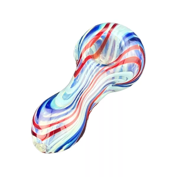 Handcrafted glass marble with red, white, and blue swirl pattern. Intricate design with small hole at top and slight curve at bottom.