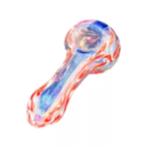 Red, white, and blue glass pipe with small, curved mouthpiece and long, curved stem. NN26814M.