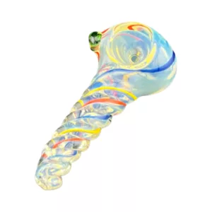 Unique, eye-catching glass smoking pipe with colorful swirls of blue, green, and yellow. Perfect for any collection.