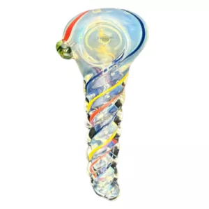 Glass tube with spiral pattern, colorful swirl inside (purple, pink, green, blue), small hole at end. #ColorfulTwistaHP #VS47
