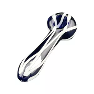 Blue and white striped glass pipe with small and large holes, 2 inches long and featuring a small mouthpiece.