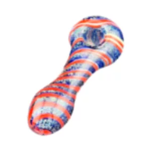 Hand blown glass pipe with red and blue stripes, small bowl and imperfections.
