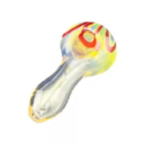 Yellow and red glass dabber with a small circular hole in the center. Irregular cylindrical shape with a flat bottom and slightly raised edges. Textured surface.