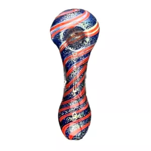 Colorful glass bong with red, white, and blue swirl design, perforated bowl, blue stem with red and white stripes, and clear base with white ring.