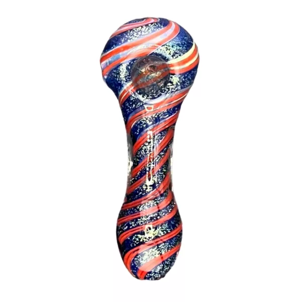 Colorful glass bong with red, white, and blue swirl design, perforated bowl, blue stem with red and white stripes, and clear base with white ring.
