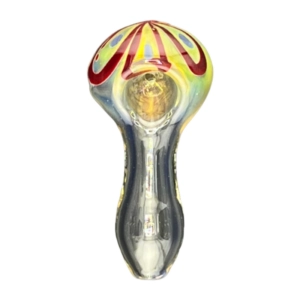 Handcrafted, thick glass smoking pipe with bright, abstract floral pattern on bowl and stem. High-quality, eye-catching design.