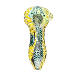 Sleek and modern glass pipe with yellow and black design. Curved shape, clear glass, interconnected circle and line pattern. Small round bowl and long curved stem with round knob at end.